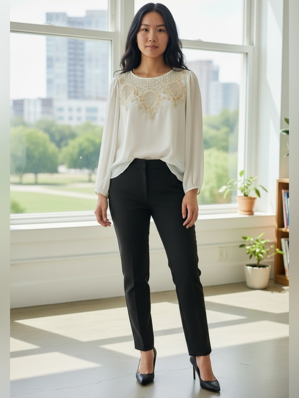 Chelsea & Violet Embroidered Long Sleeve Elastic Hem Blouse